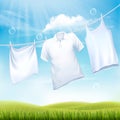 Washing white clothes hanging on the rope. Design template.