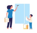 Washing windows. Spring home cleaning, clean equipment. Mother son near window with fabric. Cleaners cartoon vector Royalty Free Stock Photo