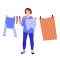 After washing, a young woman hangs the laundry on a rope to dry. Vector illustration. Flat style. Isolated on a white background Royalty Free Stock Photo