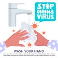 Washing your hands with soap under the faucet to prevent COVID-19. Stop coronavirus lettering phrase. Royalty Free Stock Photo