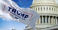 Flag with Donald Trump 2024 presidential election campaign logo waving in front Us congress