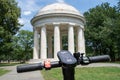 Washington, DC - August 4, 2019: A dockless Lyft shareable electric scooter is parked illegaly on the National Mall by the