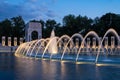 Washington, DC - August 8, 2019: Night water view of the fountains at the World War II WW2 memorial in Washington DC along the Royalty Free Stock Photo