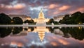 Washington DC, Capitol Building in a cloudy sunrise with mirror reflection