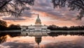 Washington DC, Capitol Building in a cloudy sunrise with mirror reflection