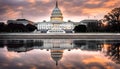 Washington DC, Capitol Building in a cloudy sunrise with mirror reflection