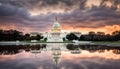 Washington DC, Capitol Building in a cloudy sunrise with mirror reflection