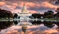 Washington DC, Capitol Building in a cloudy sunrise with mirror reflection