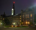 Washington DC, District of Columbia [United States US, Georgetown University at night, chapel and Healy Hall houses classrooms and Royalty Free Stock Photo