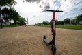 Washington DC - May 9, 2019: A dockless shared app-based electric scooter by Jump from Uber stands upright on the National Mall,