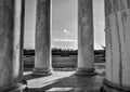 Washington DC, USA. Columns of Thomas Jefferson Memorial, close-up in black and white. Royalty Free Stock Photo