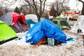 Washington, DC, USA - Feb. 14, 2020: homeless tents covered in ice in winter in the middle of the city