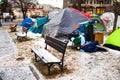 Washington, DC, USA - Feb. 14, 2020: homeless tents covered in ice in winter in the middle of the city