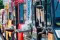 Washington DC, USA - June 9, 2019: Parked and lined up street food trucks in Washington DC. Selective focus and vintage style