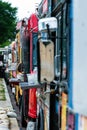 Washington DC, USA - June 9, 2019:  Parked and lined up street food trucks in Washington DC. Selective focus and vintage style Royalty Free Stock Photo