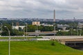 Washington DC USA. The Washington Monument with surrounding Mall and cityscape on a rather cloudy day