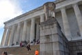 Close-up View Looking Up at the Lincoln Memorial with Rays of Sunshine Emanating from the Clear Autumn Sky