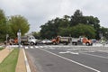 Municipal trucks, concrete barriers and fencing on Third Street, serving as a security barrier near the Justice for J6 Protest Royalty Free Stock Photo