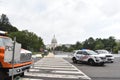 Police cars and DC municipal trucks serve as a security barrier at 3rd Street & Independence Avenue near the Justice for J6 Protes Royalty Free Stock Photo