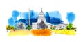 Washington DC. White house and obelisk. Sketch composition with colourful water colour effects