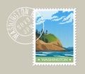 Washington State postage stamp design of rugged shoreline and lighthouse. Royalty Free Stock Photo