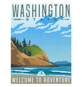 Washington State travel poster of rugged shoreline and lighthouse. Royalty Free Stock Photo