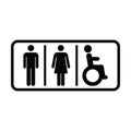 Washroom sign vector icon with man, woman and disabled person on wheelchair symbol in a glyph pictogram