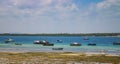 Wasini island, Kenya, AFRICA - February 26, 2020: Landscape view on ships and small boats on the water on wild island