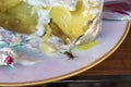 Wasp, bee is stuck on a grilled potato in the fromage frais