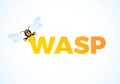 Wasp cartoon on color text. Predatory insect. Yellow striped wasp. Vector illustration isolated on white background Royalty Free Stock Photo