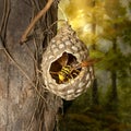 Wasp emerging from its nest on a tree, set against a blurred green backdrop Royalty Free Stock Photo