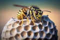 Wasp sitting on top of wasp nest close up. Vespiary. Hornet\'s nest, Generative AI