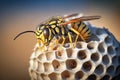 Wasp sitting on top of wasp nest close up. Vespiary. Hornet\'s nest, Generative AI