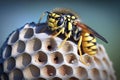 Wasp sitting on top of wasp nest close up. Vespiary. Hornet\'s nest, Generative AI