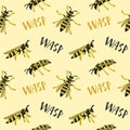 Wasps with lettering seamless pattern on yellow background