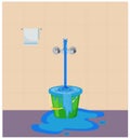 Wastage of water theme. Wastage of water from running tap as bucket is overflow with the water. Wastage of water drop from