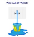 Wastage of water theme. Wastage of water from running tap as bucket is overflow with the water. Wastage of water drop from Royalty Free Stock Photo