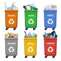 Waste bin categories. Trash recycle, separating garbage containers. Organic paper plastic glass metal mixed waste vector Royalty Free Stock Photo