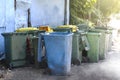 Waste bin dirty, dumpster junk recycle, pile of bin plastic many for waste trash dump, bins for waste garbage dustbin for disposal Royalty Free Stock Photo