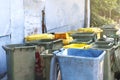 Waste bin dirty, dumpster junk recycle, pile of bin plastic many for waste trash dump, bins for waste garbage dustbin for disposal