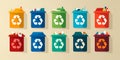 Waste bin icon collection. Trash bins filled with different types of garbage, recycling and separate waste collection concept.