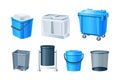 Waste bins, basket, trash can and dustbin set. Metal plastic garbage containers. Waste bins with lids, bucket with pedal, office Royalty Free Stock Photo