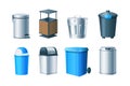 Waste bins, basket, trash can and dustbin set. Metal, wood and plastic garbage containers. Waste bins with lids, bucket with pedal Royalty Free Stock Photo