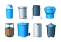 Waste bins, basket, trash can and dustbin set. Metal, wood and plastic garbage containers. Waste bins with lids, bucket with pedal
