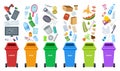 Waste bins. Flat recycling containers, bin sorting trashes. Recyclable glass paper plastic. Types baskets and garbage