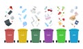 Waste bins. Rubbish bins for recycling different types of waste. Sort plastic, organic, e-waste, metal, glass, paper.