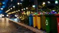 Waste collection containers for separate sorting stand along night city streets, promoting recycling. Ai Generated