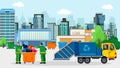 Waste disposal removal recycling concept megalopolis vector illustration. Garbage truck dustcart, dumpsters and two