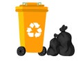 Waste And Garbage. Hand-drawn waste container and black plastic bags. Waste sorting concept