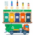 Waste management concept illustration.Recycling garbage elements trash bags tires management industry utilize.Refuse